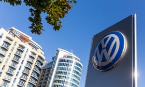 A Volkswagen logo at a dealership in London.