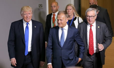 L to R: Donald Trump met EU leaders Donald Tusk and Jean-Claude Juncker in Brussels.