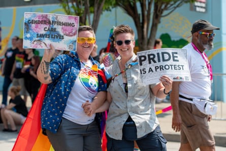 Participants in the 2023 LGBTQ+ Cincinnati Pride parade in Cincinnati, Ohio, on 24 June 2023.