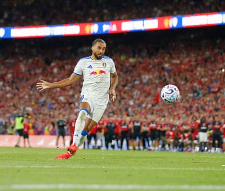Dominic Calvert-Lewin takes a penalty during the shootout after Leeds’s pre-season friendly against Manchester United in Dublin