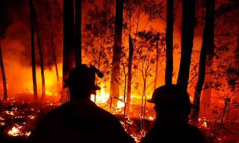 Firefighters silhouetted against burning trees at night