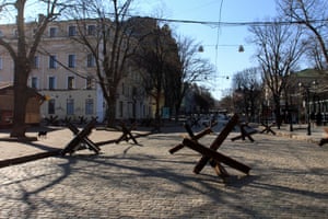 Anti-tank hedgehogs are pictured in the historic port city of Odessa which is under threat of bombardment from Russian forces
