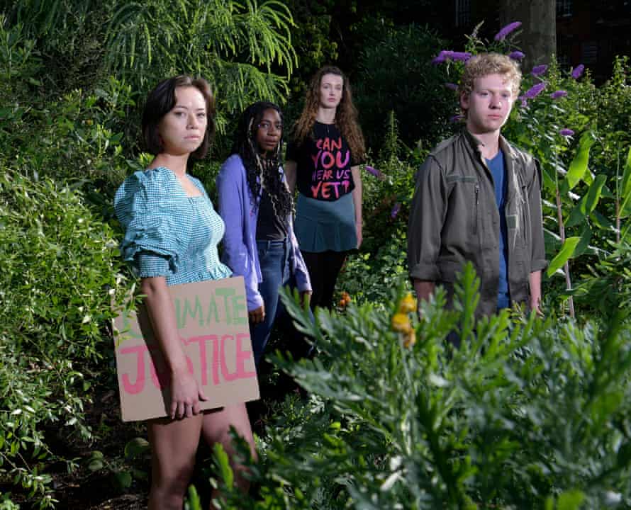 Pass the Mic's Tori Tsui, Dominique Palmer, Frances Fox and Elijah Mckenzie-Jackson, among greenery