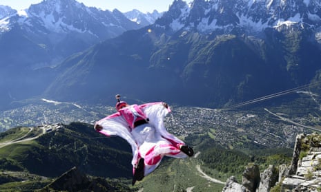 Géraldine Fasnacht jumps from the top of the Brevent mountain in her ‘wingsuit’.