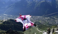 Flying high … Géraldine Fasnacht jumps from the top of the Brevent mountain in her ‘wingsuit’.