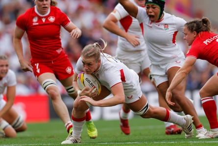 Alex Matthews goes over to score one of her two tries in England’s World Cup 2025 final win over Canada