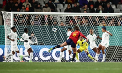 Spain’s Teresa Abelleira opens the scoring against Zambia with a fierce shot into the top corner.