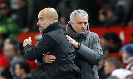 Pep Guardiola and José Mourinho after the final whistle of Manchester City’s 2-1 win at Old Trafford, before the tunnel incident