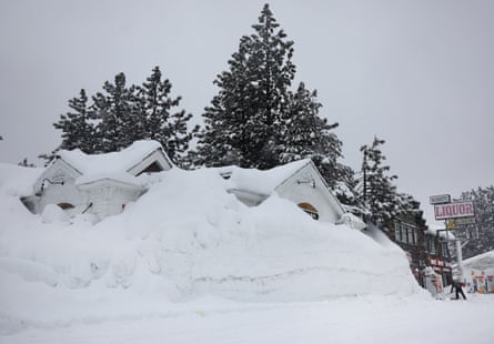 A snowbank piled up from multiple snowstorms in Mammoth Lakes, California.