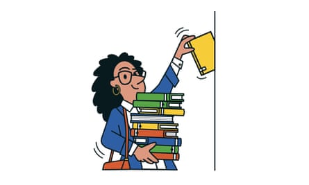 Illustration showing a woman at a library holding a large pile of books and taking another from a shelf