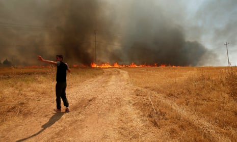 An Iraqi man asks for help to put out a fire in a wheat field in Bashiqa, east of Mosul