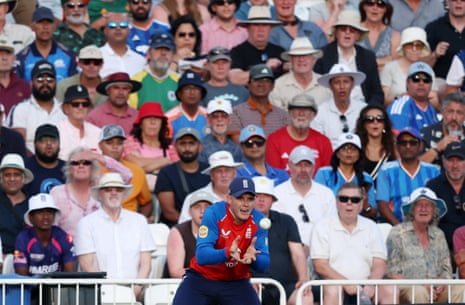 England's Jacob Bethell takes a catch to dismiss India's Ishan Kishan off the bowling of England's Josh Tongue.