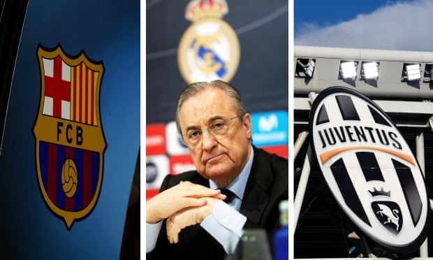 Barcelona and Juventus badges, either side of the Real Madrid president Florentino Pérez.