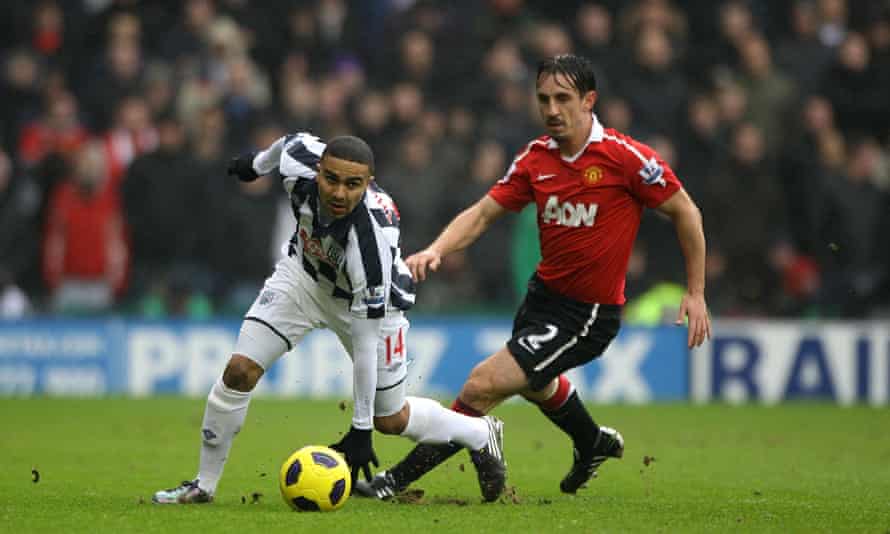 West Bromwich Albion’s Jerome Thomas (left) gets away from Manchester United’s Gary Neville in January 2011 .