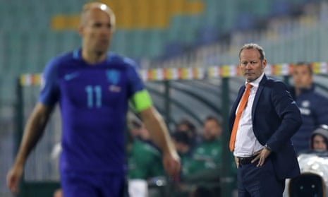 Danny Blind (right) looks on as captain Arjen Robben and his team fell to a 2-0 defeat in Bulgaria, ending Blind’s 20-month reign.