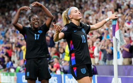 Chloe Kelly and Michelle Agyemang celebrate after England’s winner against Italy at Euro 2025