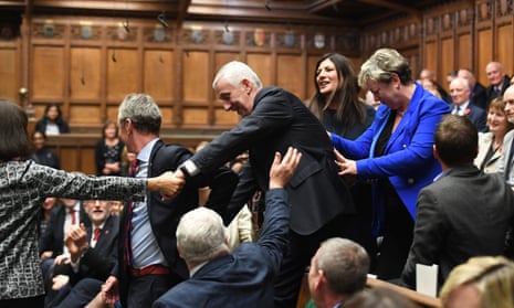 New Speaker election<br>ONE EDITORIAL USE ONLY. NO SALES. NO ARCHIVING. NO ALTERING OR MANIPULATING. NO USE ON SOCIAL MEDIA UNLESS AGREED BY HOC PHOTOGRAPHY SERVICE. MANDATORY CREDIT: UK Parliament/Jessica Taylor Handout photo issued by UK Parliament of Sir Lindsay Hoyle (centre) being dragged to the speaker's chair after becoming the new Speaker of the House of Commons, following John Bercow's departure after a decade in the position. Issue date: Monday November 4, 2019. Photo credit should read: UK Parliament/Jessica Taylor/PA Wire NOTE TO EDITORS: This handout photo may only be used in for editorial reporting purposes for the contemporaneous illustration of events, things or the people in the image or facts mentioned in the caption. Reuse of the picture may require further permission from the copyright holder.