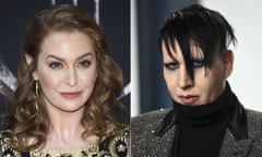 In this combination photo, actress Esmé Bianco appears at HBO's "Game of Thrones" final season premiere in New York on April 3, 2019, left, and musician Marilyn Manson appears at the Vanity Fair Oscar Party in Beverly Hills, Calif. on Feb. 9, 2020. Bianco has sued Marilyn Manson alleging sexual, physical and emotional abuse. She filed the lawsuit in federal court in Los Angeles on Friday, April 30, 2021. (Photos by Evan Agostini/Invision/AP)