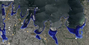 A visualisation of Sydney's eastern suburbs in 2100, under the five-metre sea level rise scenario