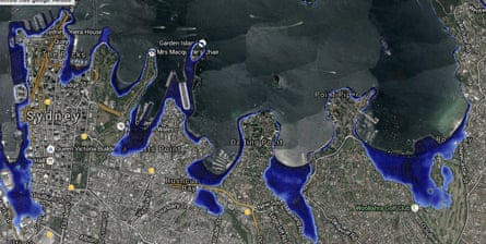 A visualisation of Sydney’s eastern suburbs in 2100, under the five-metre sea level rise scenario
