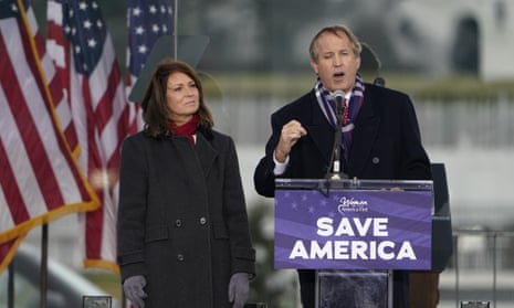 The Texas attorney general, Ken Paxton, speaks at the 6 January rally in support of Donald Trump in Washington.