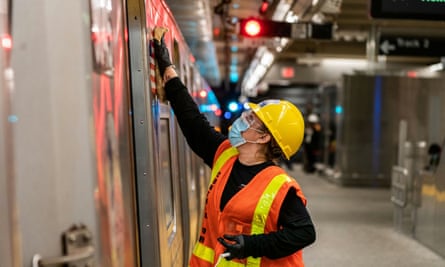 An MTA worker cleans a subway car on 5 May.