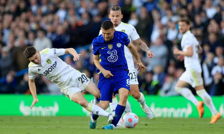 Leeds United’s Daniel James fouls Chelsea’s Mateo Kovacic and receives a red card.