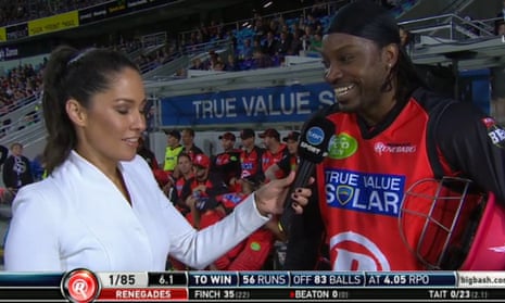 A screengrab showing the cricketer Chris Gayle being interviewed by Channel Ten reporter Mel McLaughlin.