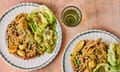 Thomasina Miers' late summer sausage and pea cassoulet with gremolata crumb and butter leaf salad with burnt lemon and tarragon dressing.