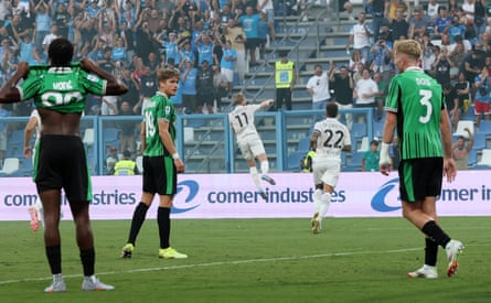 Kevin De Bruyne leaps into the air after his free-kick doubles Napoli’s lead at Sassuolo