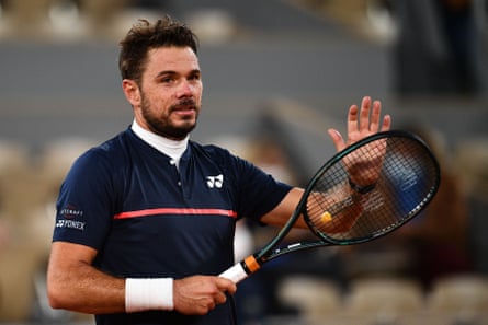Switzerland’s Stan Wawrinka celebrates after winning against Britain’s Andy Murray during their men’s singles first round tennis match on Day 1 of The Roland Garros 2020 French Open. Photograph: Anne-Christine Poujoulat/AFP.