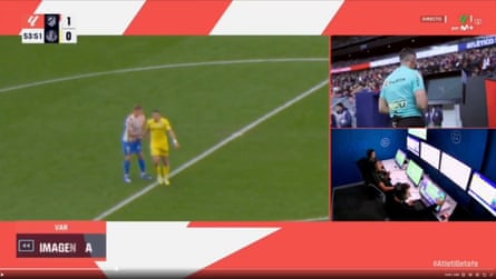 The referee studies footage of Abdel Abqar grabbing Alex Sørloth’s genitals on the monitor