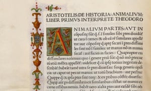 A page from a rare edition of Aristotle’s De animalibus which will be auctioned at Bonhams in New York on 8 June.