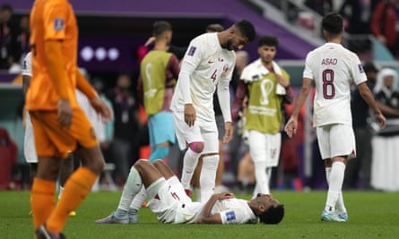 Qatar's players react at the end of the match with the Netherlands, having set the record for worst performance by a host nation at a World Cup since it began in 1930.