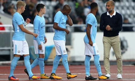 Pep Guardiola gives his team instructions during the pre-season match with West Ham in Iceland.