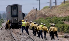 First responders work the scene after a derailed Amtrak train in Moorpark, Calif., on Wednesday, June 28, 2023. Authorities say an Amtrak passenger train carrying 190 passengers derailed after striking a vehicle on tracks in Southern California. Only minor injuries were reported. (Dean Musgrove/The Orange County Register via AP)