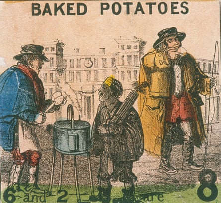 An image of baked potatoes being sold on the streets of London, c. 1840.