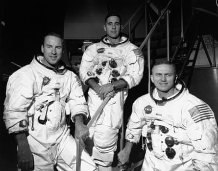 Apollo 8 astronauts, James Lovell, William Anders and Frank Borman, prior to training in exercise for their lunar orbital mission at the Kennedy Space Center in Florida, on 18 December 1968.