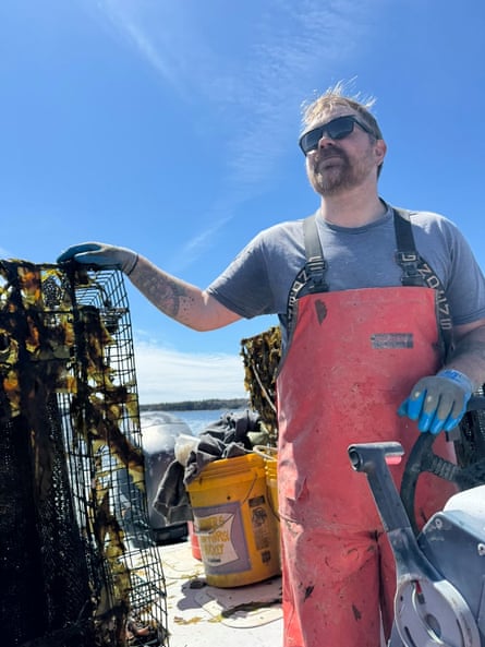 A man in orange rubber overhauls and a hand on a stack of black oyster trays drives a boat.