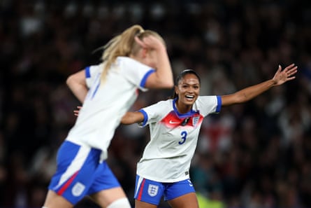 Taylor Hinds celebrates Aggie Beever-Jones’s goal against Australia in their friendly in Derby