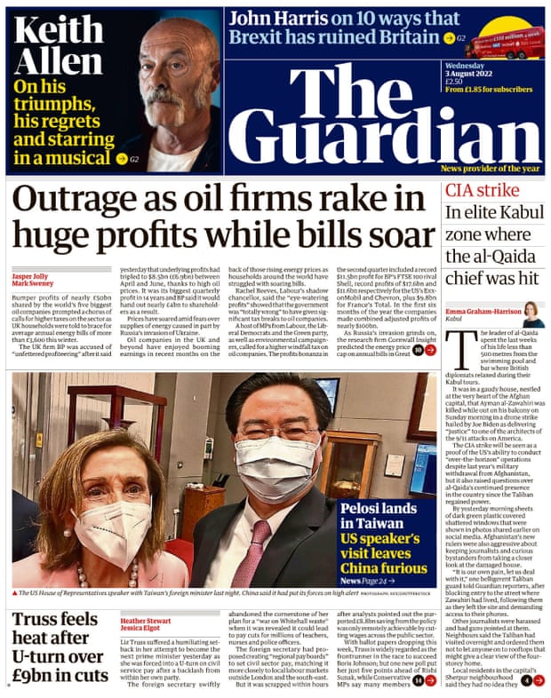 Guardian front page, 3 August 2022