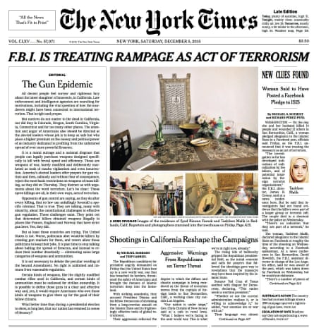 New York Times front page 5 December 2015 with editorial calling for gun control