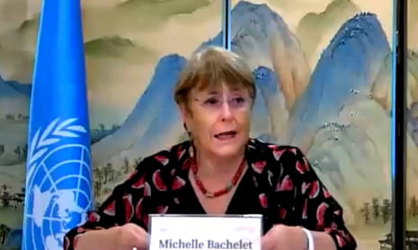 Michelle Bachelet, the UN high commissioner for human rights, speaking to journalists during a virtual press conference in Guangzhou at the end of her six-day visit to China.