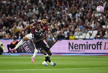 West Ham’s Lucas Paqueta scores from distance against Chelsea.