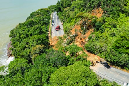 The SP-55 highway blocked by a landslide in the municipality of Ubatuba on the north coast of the state of São Paulo