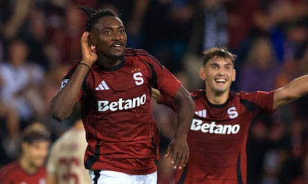 Victor Olatunji celebrates his goal for Sparta Prague.