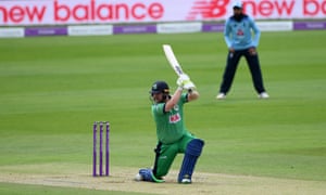 Ireland’s Paul Stirling hits out only to be caught by Tom Banton of England .