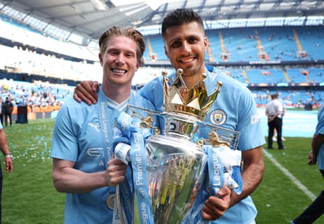 Manchester City created world stars such as Kevin De Bruyne and Rodri, pictured after winning the Premier League in 2024.