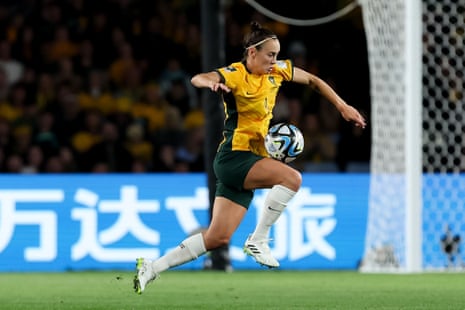 Caitlin Foord in full flight for the Matildas in their last-16 win over Denmark at Stadium Australia.