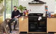 Stevie Parle in his kitchen in Kent, with Molly.